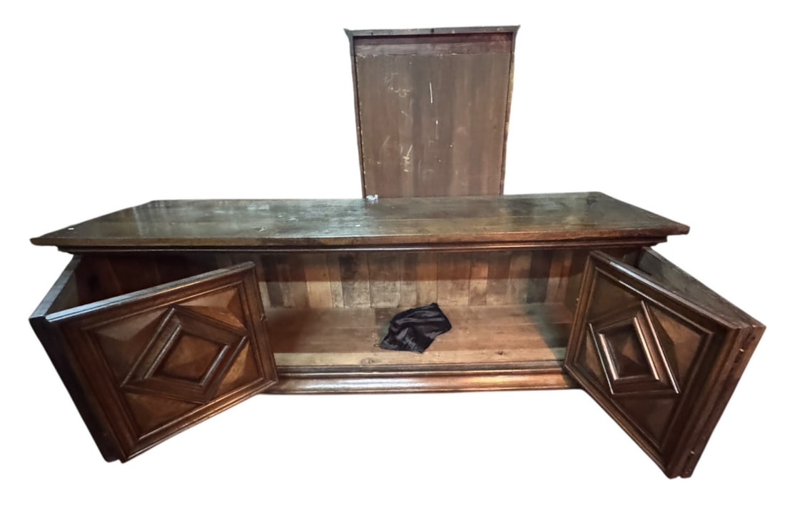19th CENTURY OAK LOUIS XIV STYLE SIDEBOARD: 19th CENTURY OAK LOUIS XIV STYLE SIDEBOARD. 2 SETS OF FOLDING DOORS. Height: 38 in. by Width: 113 in. by Depth: 32 in.