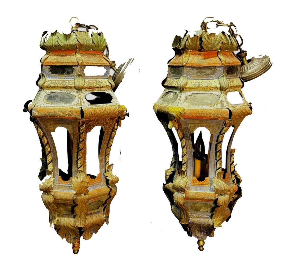 PR OF 17TH C. VENITIAN LANTERNS: PR OF 17TH C. VENITIAN LANTERNS WITH TRACES OF PAINT. 26"H X 13" ROUND.