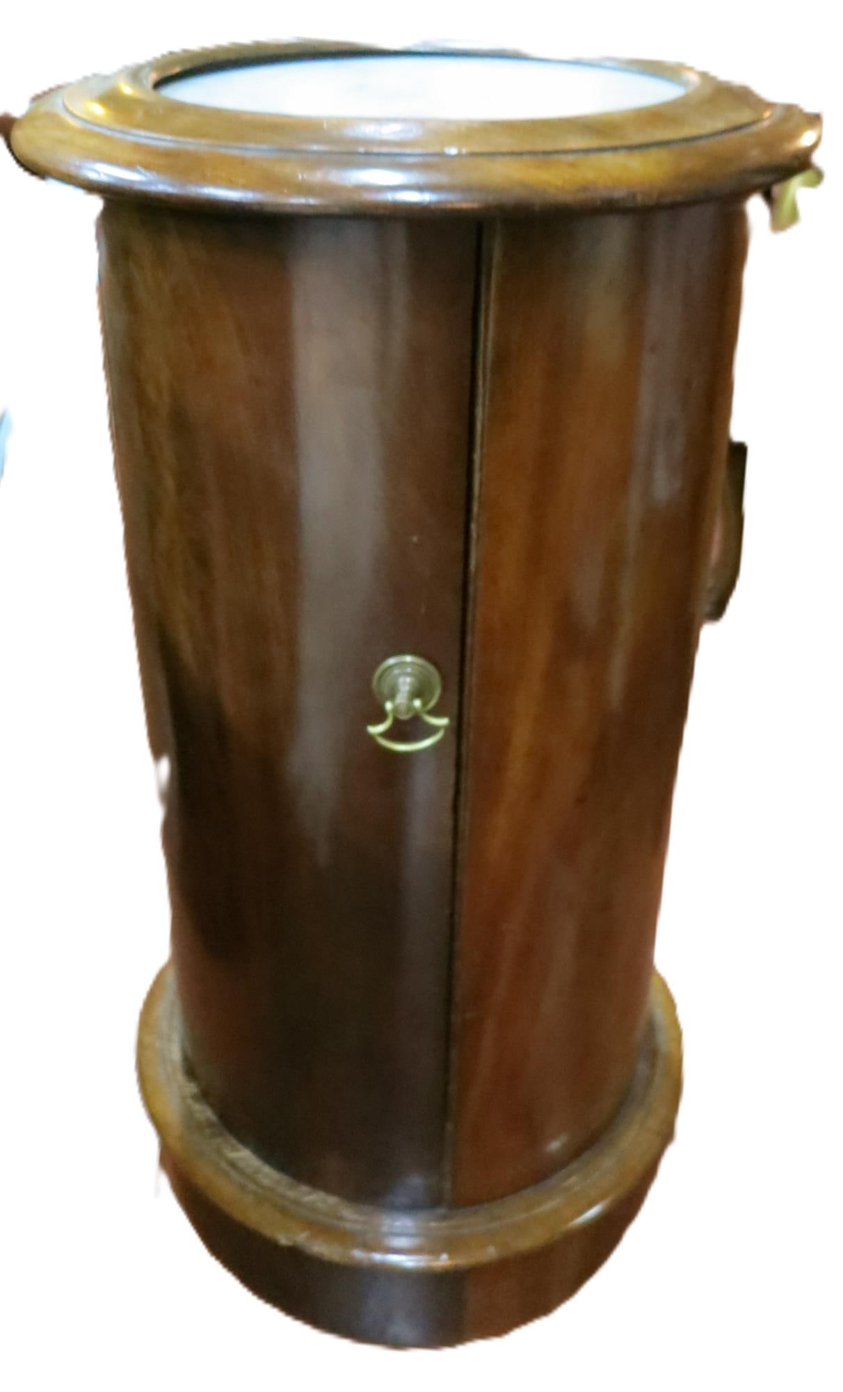 19th C. PEDESTAL SIDE TABLE WITH MARBLE INSET TOP: 19th CENTURY COLUMN PEDESTAL TABLE WITH TWO-TIER INTERIOR STORAGE AND INSET MARBLE TOP. Provenance: From the estate of Jackson Hicks. Height: 29 in. by Width: 16 in.