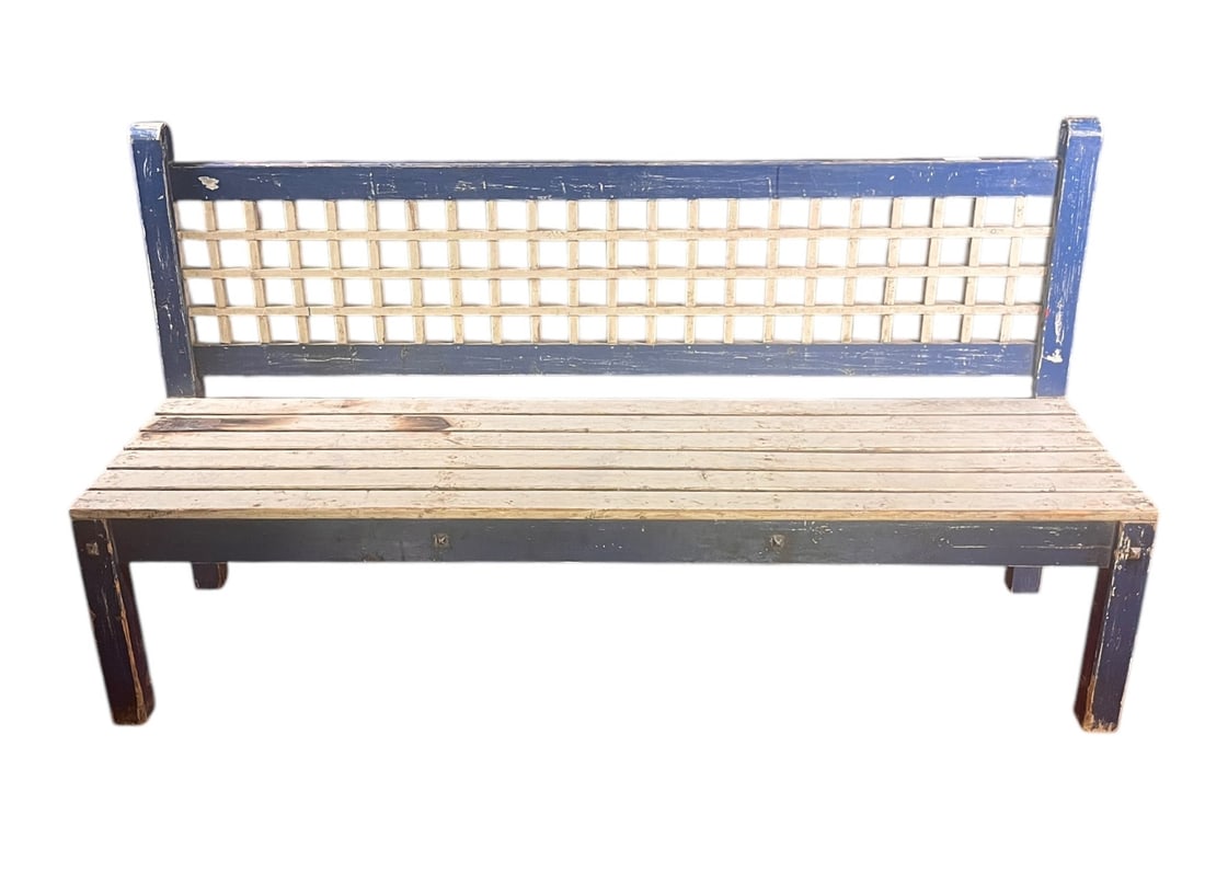 BLUE AND WHITE PAINTED BENCH: BLUE AND WHITE PAINTED BENCH. SEAT HEIGHT = 17.6 IN. Height: 40 in. by Width: 71 in. by Depth: 21.2 in.