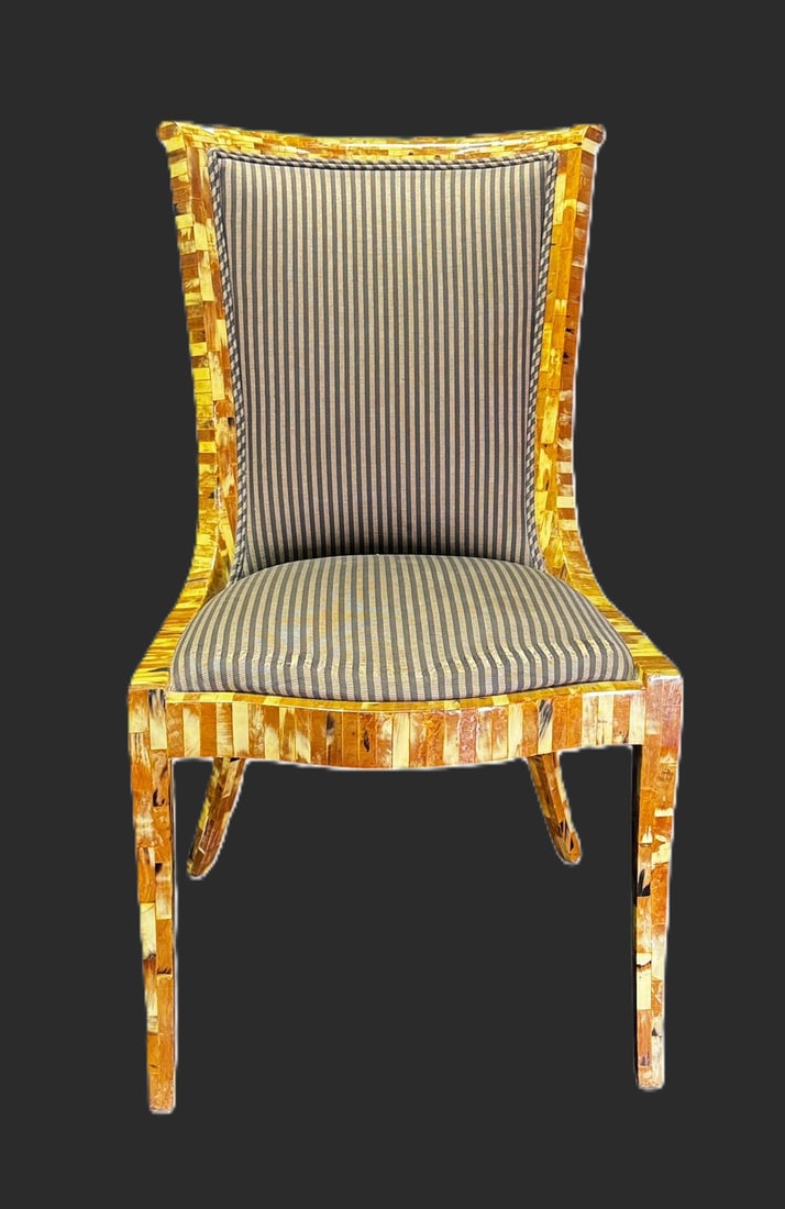 HORN INLAID SIDE CHAIR POSSIBLY KARL SPRINGER: TESSELLATED HORN INLAID SIDE CHAIR POSSIBLY KARL SPRINGER. Height: 40 in. by Width: 21 in. by Depth: 22 in.