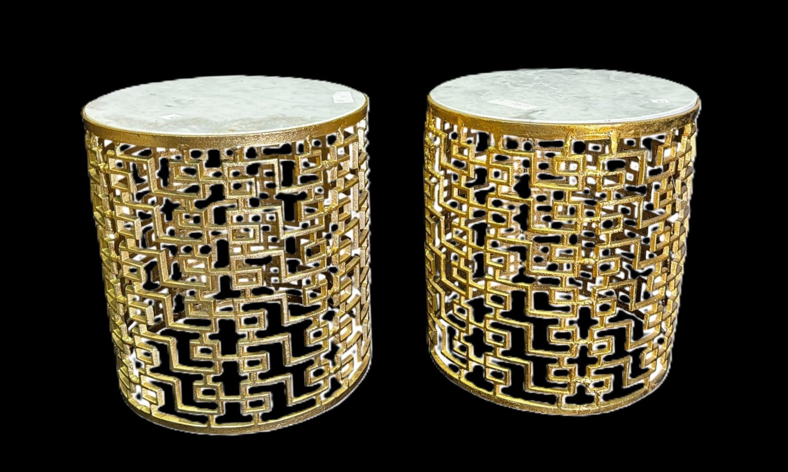 PAIR OF MARBLE TOP AND GILDED SIDE TABLES: PAIR OF MARBLE TOP AND GILDED SIDE TABLES. Height: 15 in. by Width: 14 in.