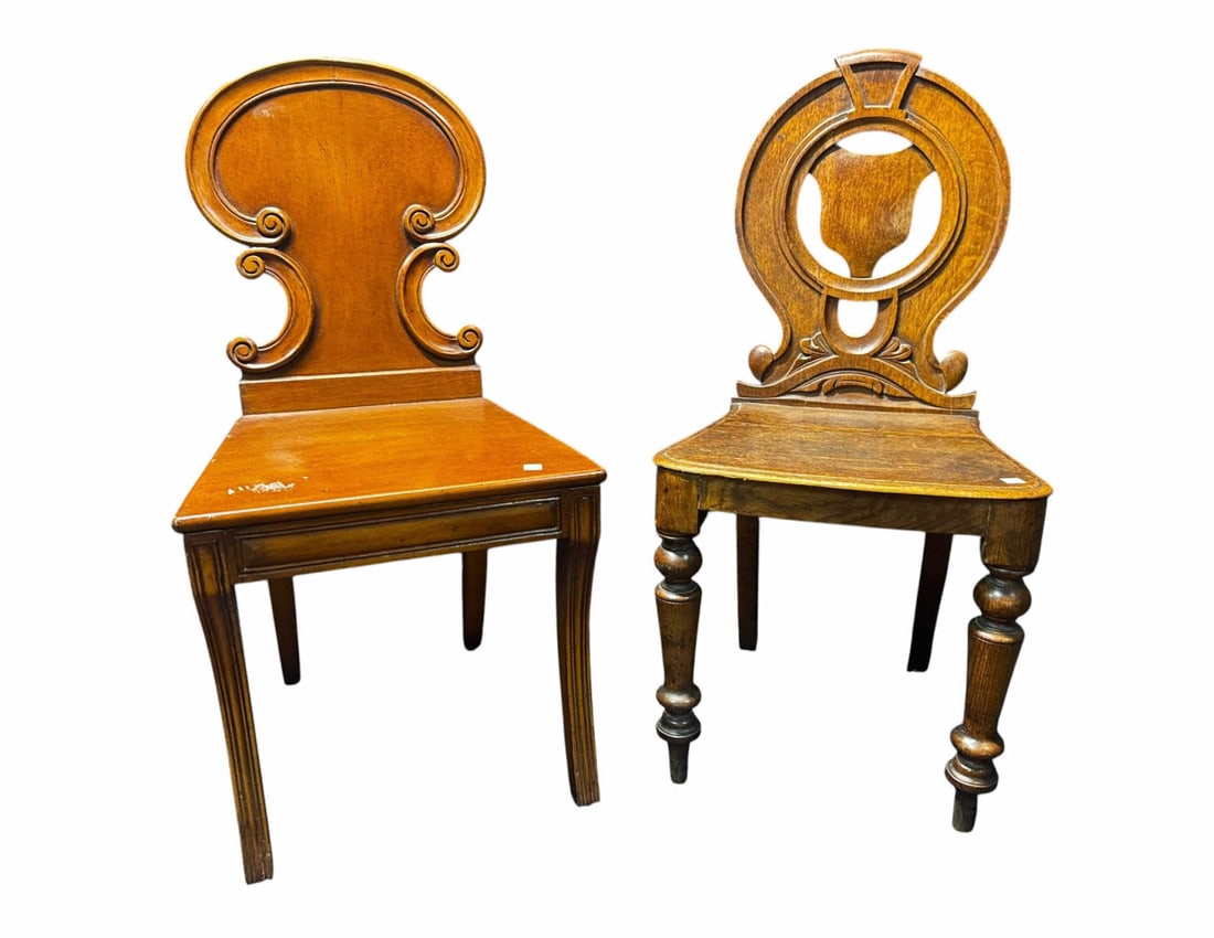 TWO 19th CENTURY ENGLISH HALL CHAIRS: TWO 19th CENTURY ENGLISH HALL CHAIRS. Height: 35 in. by Width: 17 in.