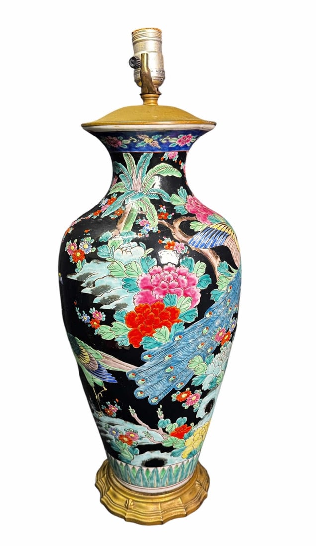 ANTIQUE FAMILE NOIR VASE CONVERTED TO A LAMP: ANTIQUE FAMILE NOIR VASE CONVERTED TO A LAMP. Height: 23 IN.