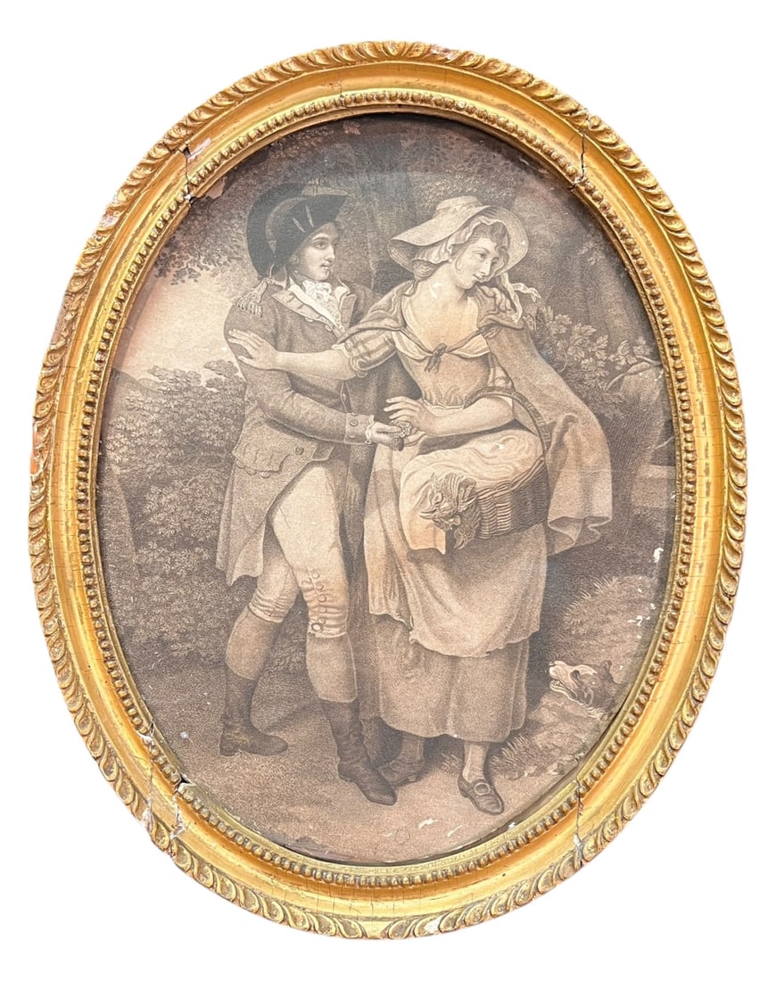 ANTIQUE FRENCH PRINT OF A COUPLE IN OVAL FRAME: ANTIQUE FRENCH PRINT OF A COUPLE IN OVAL FRAME. Height: 18 in. by Width: 14 in. by Depth: 2 in.