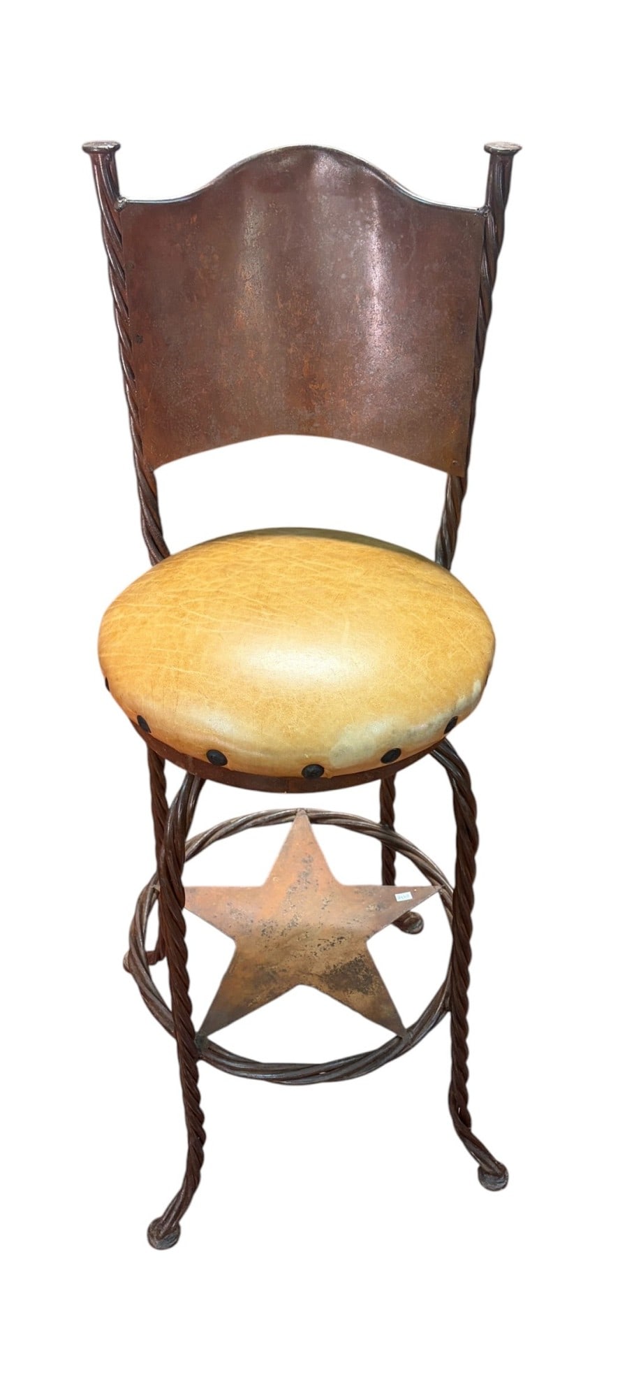 SINGLE LEATHER IRON BARSTOOL: SINGLE LEATHER IRON BARSTOOL WITH TEXAS STAR Height: 45 in. by Width: 16 in. by Depth: 16 in.