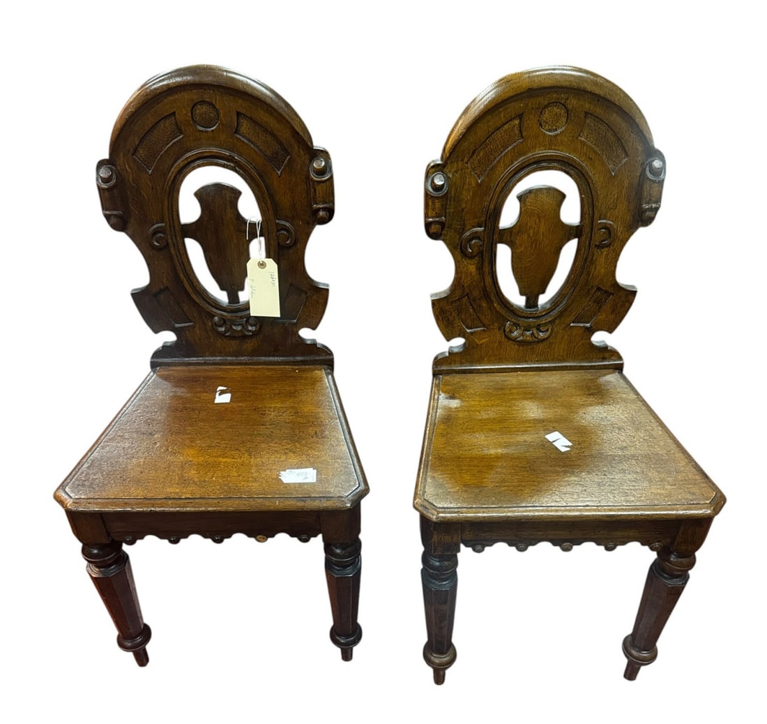 PAIR OF 19th CENTURY ENGLISH HALLCHAIRS: PAIR OF 19th CENTURY ENGLISH HALLCHAIRS. Height: 36 in. by Width: 18 in.