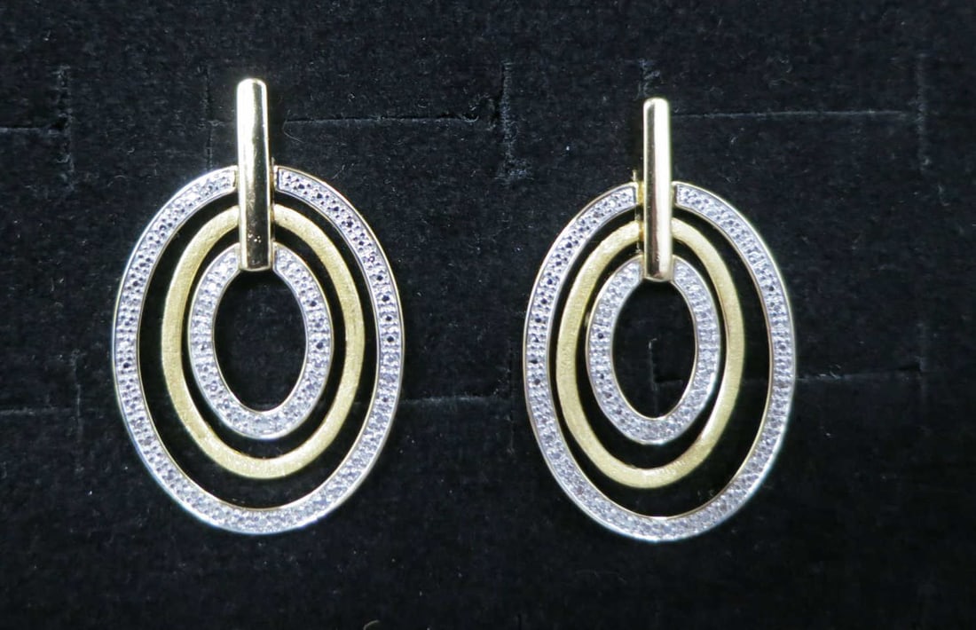 PAIR OF MICRO PAVE WHITE TOPAZ GOLD WASH EARRINGS: PAIR OF MICRO PAVE WHITE TOPAZ GOLD WASH STERLING EARRINGS. Height: 1 3/8 in. by Width: 7/8 in. by Depth: 1/8 in.