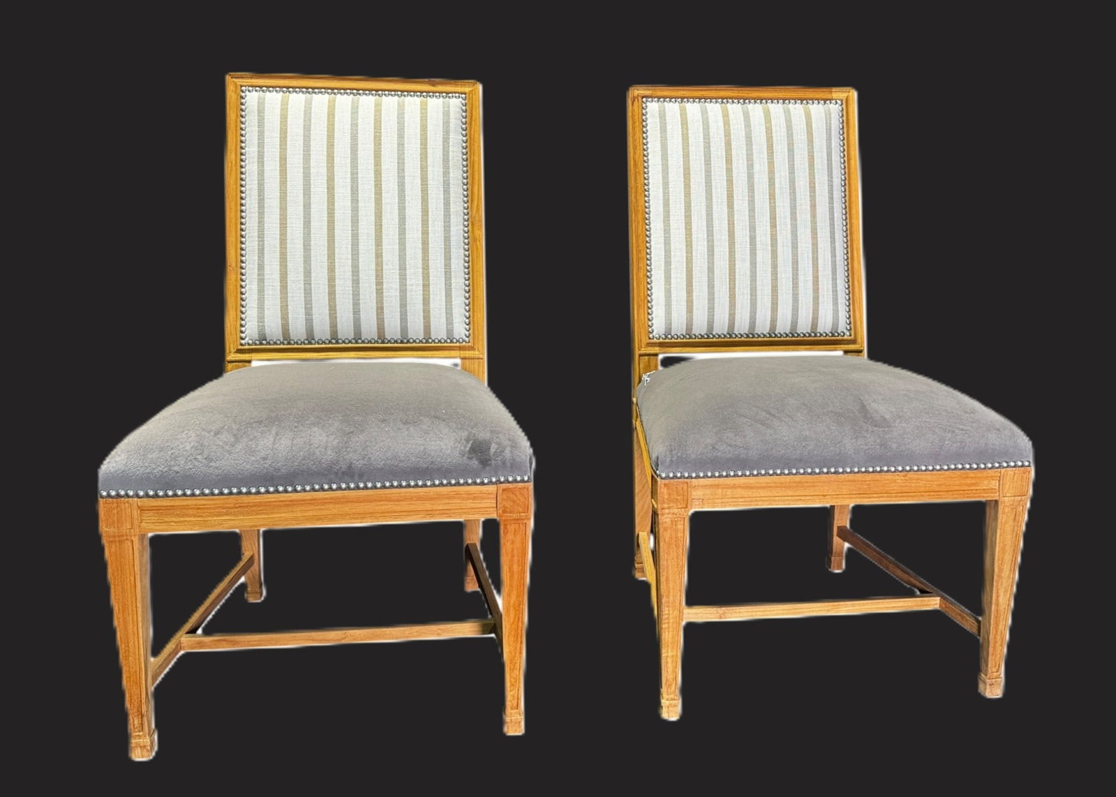 PAIR OF SOUTHERLAND TEAK SIDE CHAIRS: PAIR OF SOUTHERLAND TEAK SIDE CHAIRS WITH PERENNIAL FABRIC.