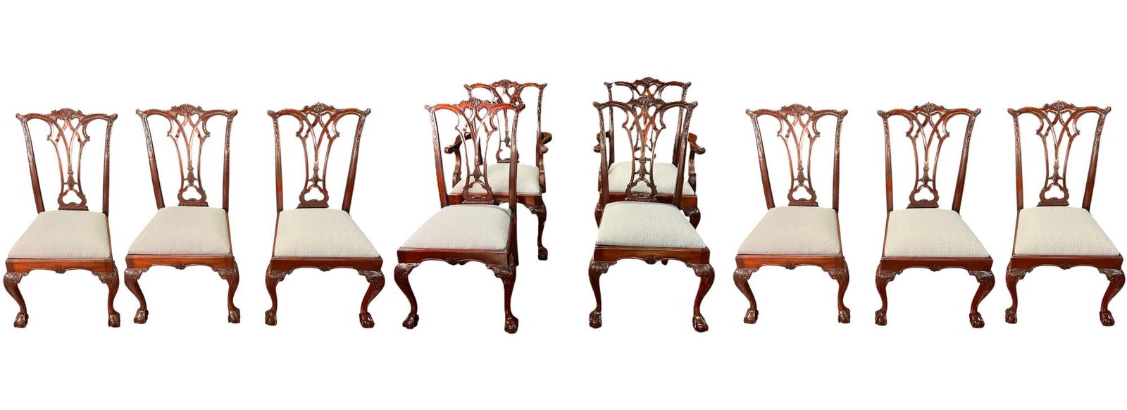 SET OF 10 CHIPPENDALE STYLE DINING CHAIRS: SET OF 10 CHIPPENDALE STYLE DINING CHAIRS. 2- ARMCHAIRS & 8-SIDE CHAIRS. Height: 40 in. by Width: 24 in. by Depth: 22 in.