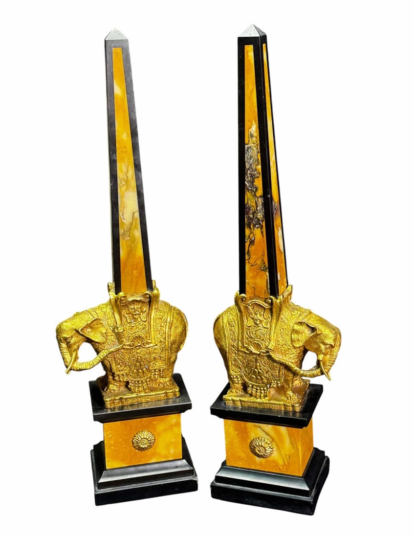 PAIR OF MARBLE OBELISKS ON BRASS ELEPHANT BASES: PAIR OF MARBLE OBELISKS ON BRASS ELEPHANT BASES. Height: 21.5 in. by Width: 4 in. by Depth: 5 in.