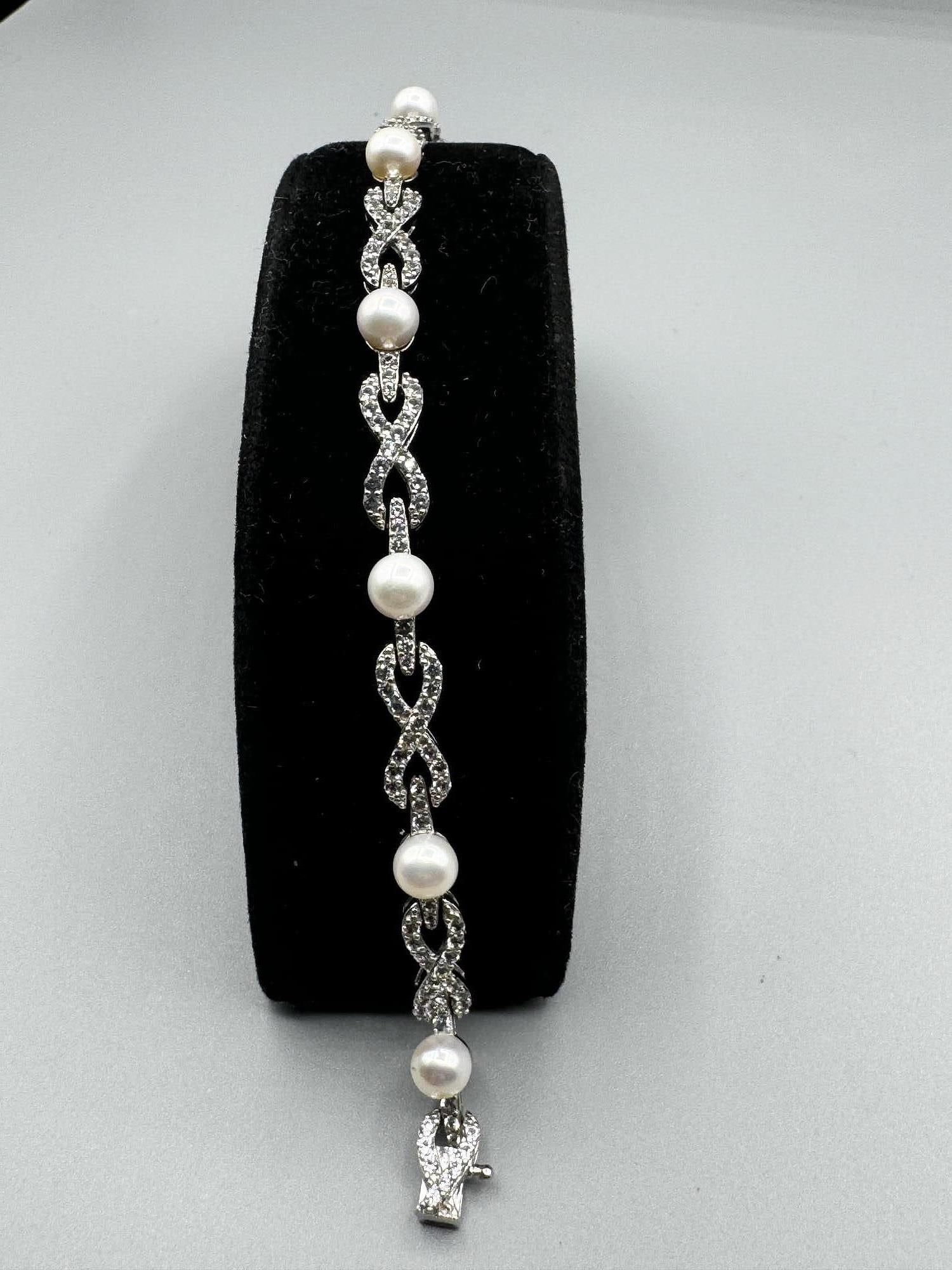 WHITE SAPPHIRE & PEARL STERLING TENNIS BRACELET (1 of 3)