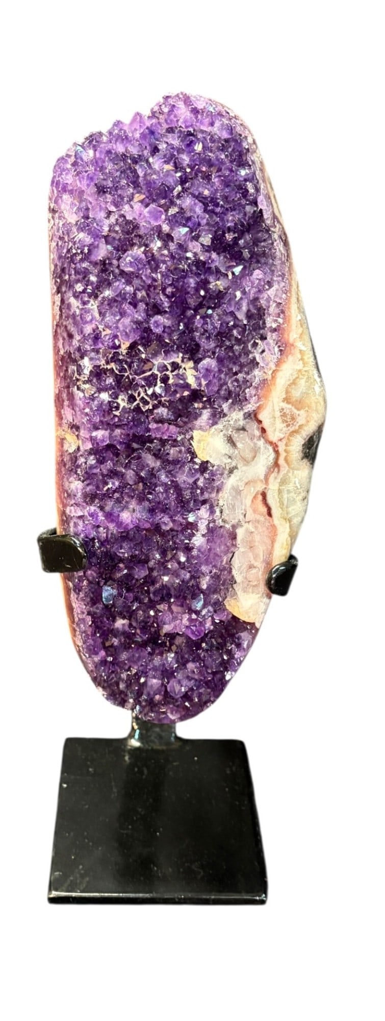 AMETHYST CRYSTAL ON IRON STAND: AMETHYST CRYSTAL ON METAL STAND 5.0kg Height: 13 in. by Width: 6.5 in. by Depth: 4 in.