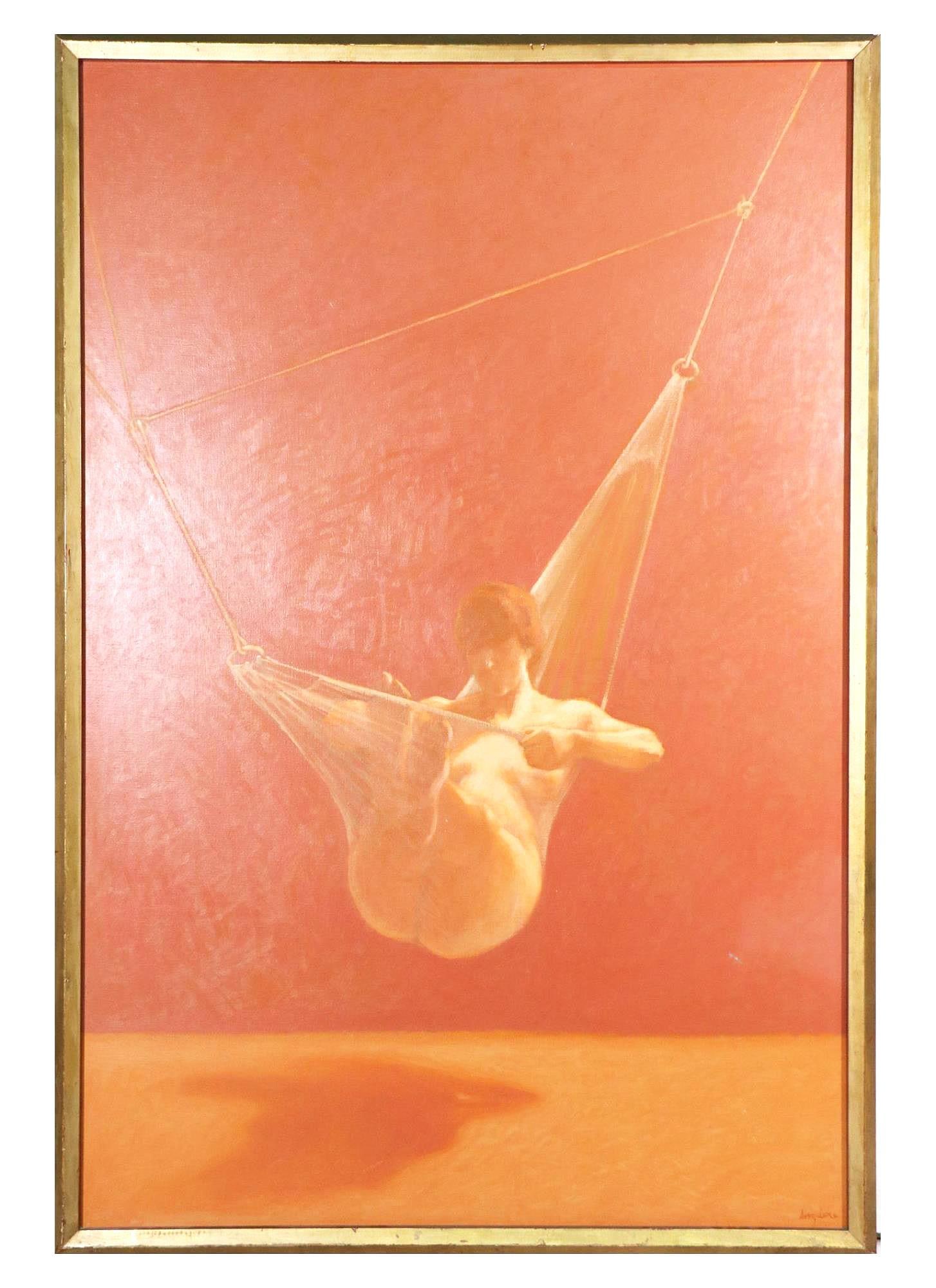 FEMALE ON HAMMOCK BY WILLIAM ANZALONE: FEMALE ON HAMMOCK, ACRYLIC ON CANVAS PAINTING, WILLIAM ANZALONE. Height: 75 in. by Width: 50.5 in. by Depth: 1 IN.