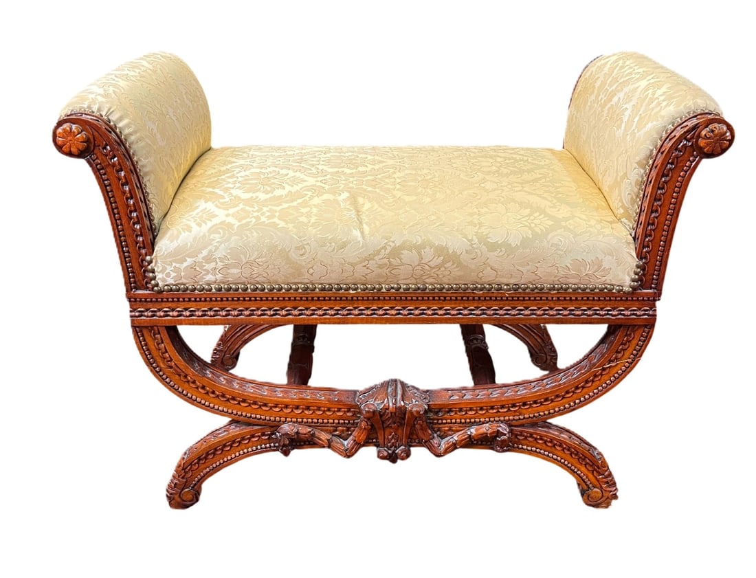 FRENCH LOUIS XV STYLE CARVED BENCH: FRENCH LOUIS XV STYLE CARVED BENCH. Height: 26 in. by Width: 34 in. by Depth: 19 in.