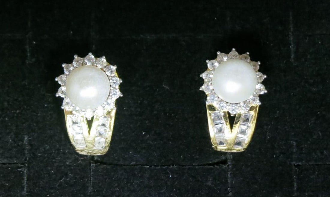 PAIR OF FAUX PEARL & WHITE TOPAZ EARRINGS: PAIR OF FAUX PEARL & WHITE TOPAZ GOLD WASH STERLING EARRINGS. Height: 5/8 in. by Width: 3/8 in. by Depth: 5/16 in.