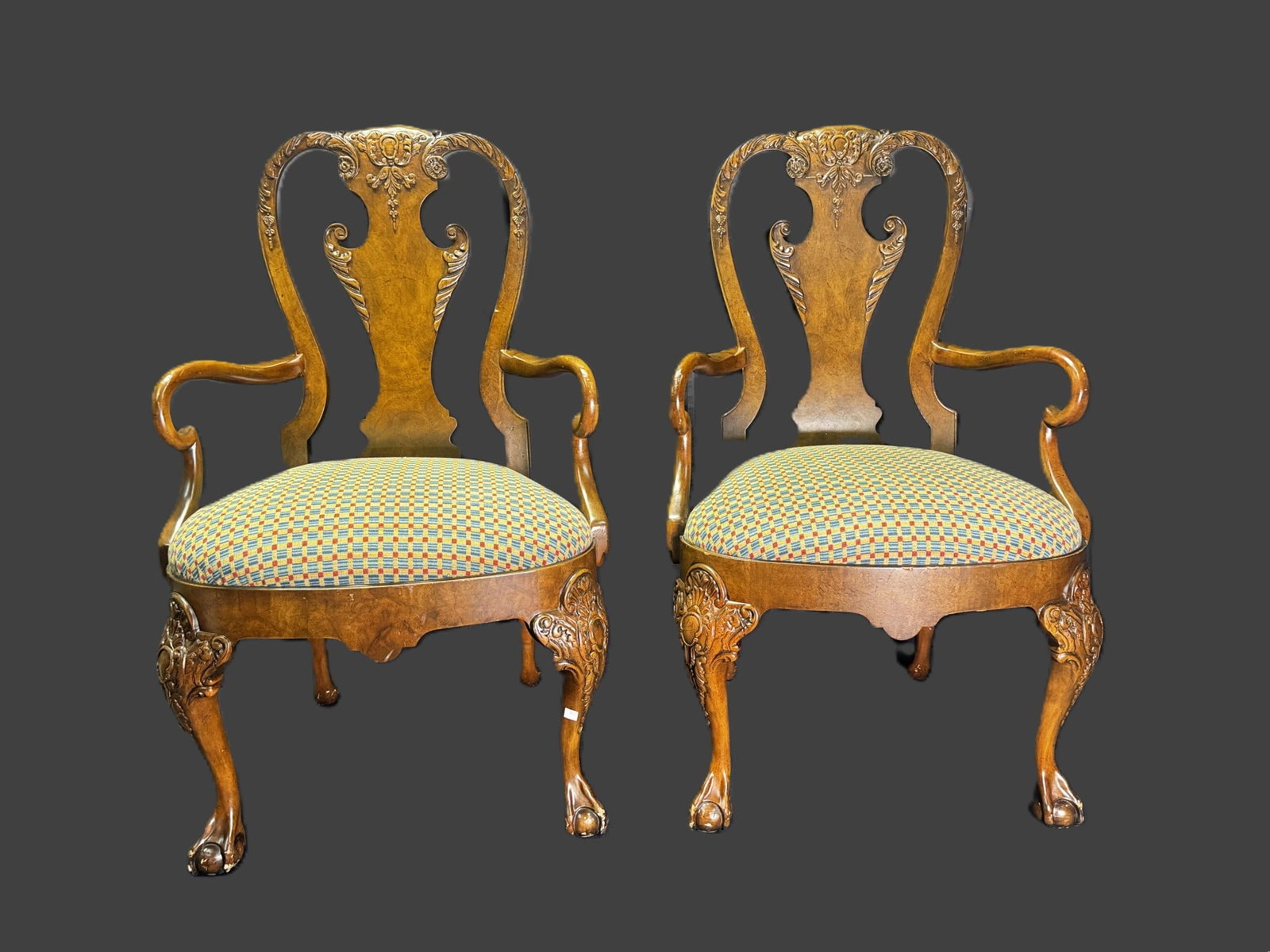 SET OF FOUR BAKER ARMCHAIRS: SET OF FOUR BAKER ARMCHAIRS. THESE CHAIRS ARE QUEEN ANN TO CHIPPENDALE TRANSITIONAL WITH METAL BAKER LABEL UNDERNEATH Height: 41 in. by Width: 24 in. by Depth: 24 in.
