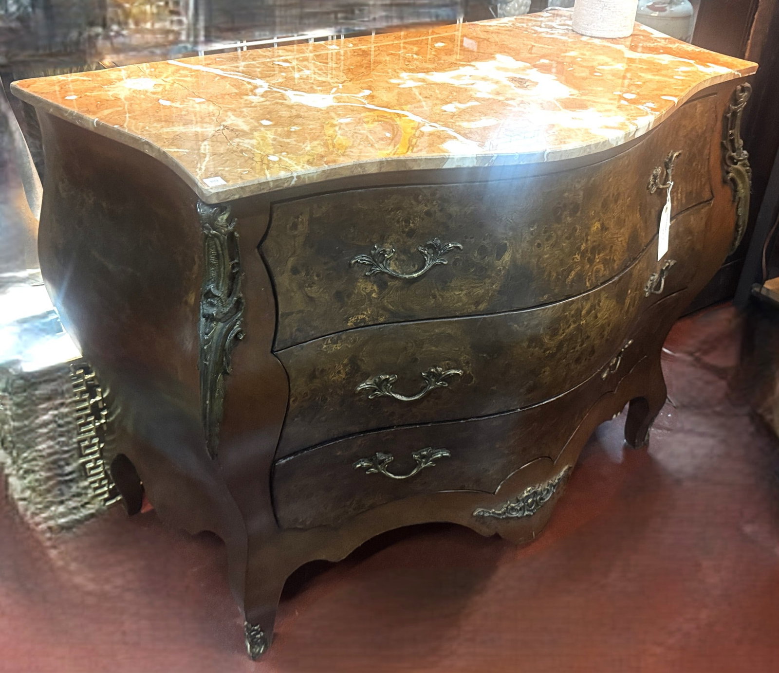 FRENCH BOMBE STYLE MARBLE TOP CHEST: FRENCH BOMBE STYLE MARBLE TOP CHEST. Height: 36 in. by Width: 48 in. by Depth: 24 in.