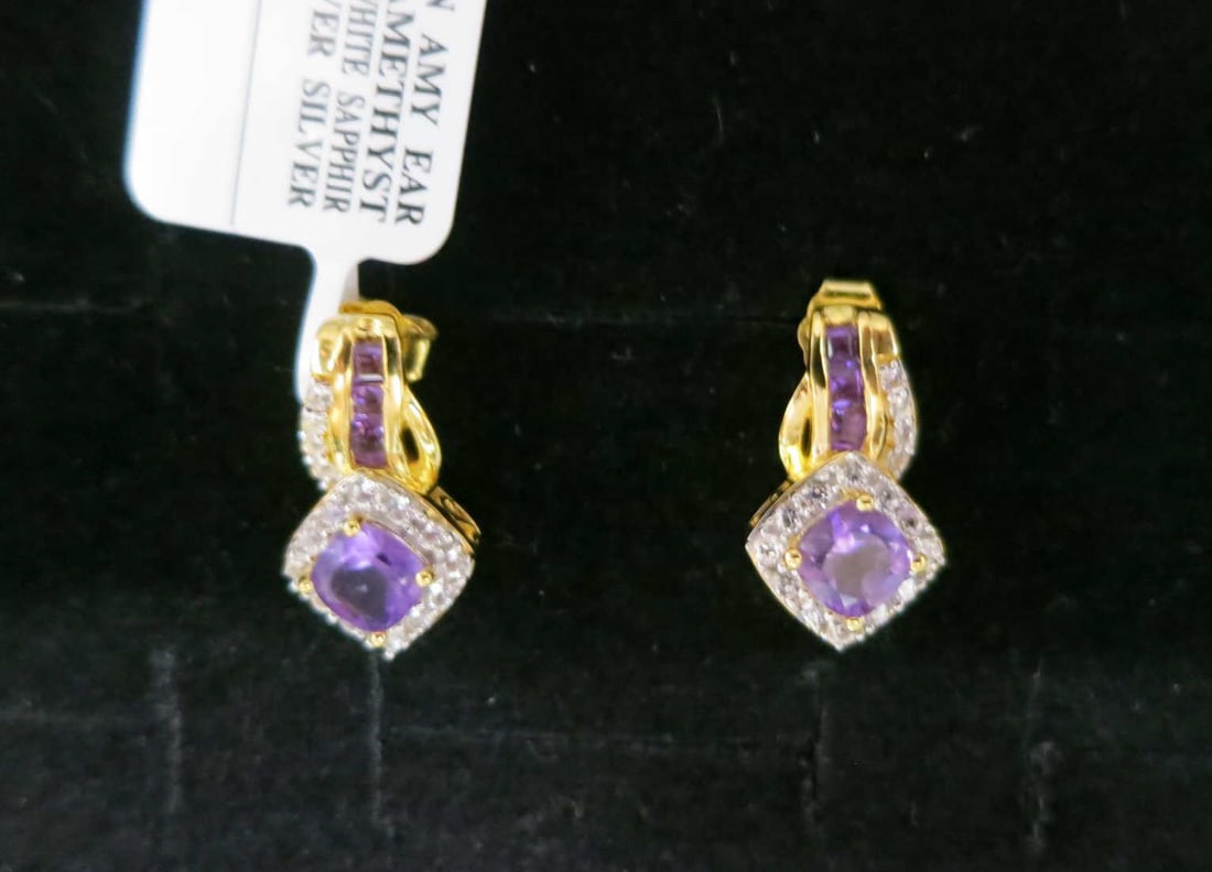 PAIR OF AMETHYST & WHITE SAPPHIRE DROP EARRINGS: PAIR OF 14KT GOLD OVER STERLING SILVER GENUINE AMETHYST & LAB WHITE SAPPHIRE DROP EARRINGS. Height: 3/4 in. by Width: 5/16 in. by Depth: 1/4 in.