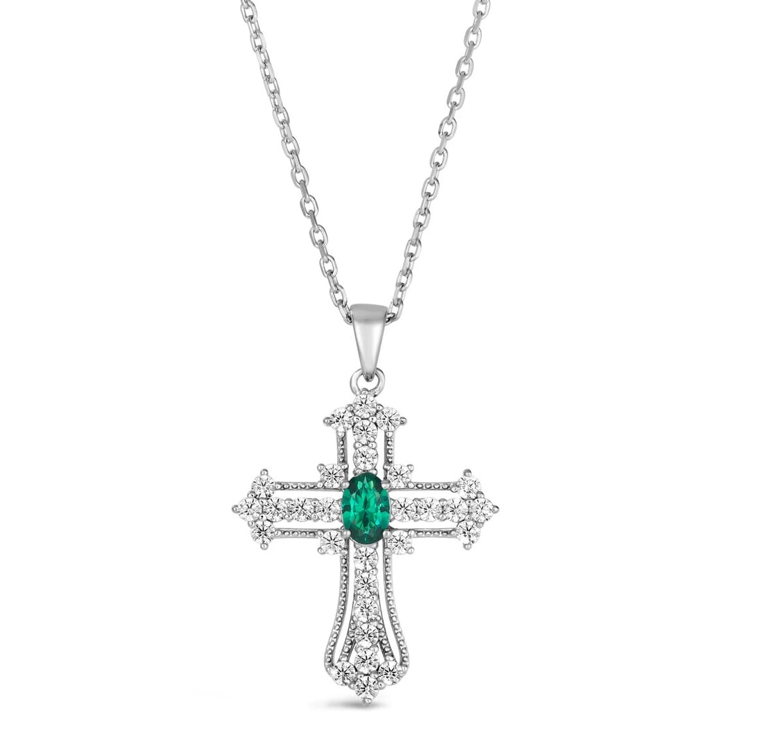 GREEN & WHITE SAPPHIRE STERLING CROSS PENDANT: GREEN & WHITE SAPPHIRE STERLING CROSS PENDANT/NECKACE.