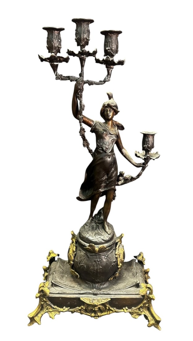 BELLE EPOQUE BRONZE FEMALE CANDELBRUM ON BASE: BELLE EPOQUE BRONZE FEMALE CANDELBRUM ON BASE. Height: 30.75 in. by Width: 14.5 in. by Depth: 8.75 in.