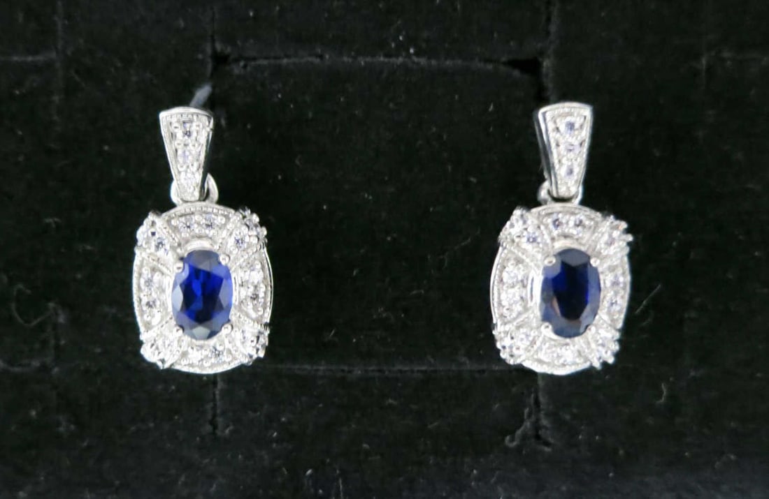 PAIR OF LAB BLUE & WHITE SAPPHIRE DROP EARRINGS: PAIR OF LAB BLUE & WHITE SAPPHIRE DROP STERLING EARRINGS. Height: 11/16 in. by Width: 5/16 in. by Depth: 3/16 in.
