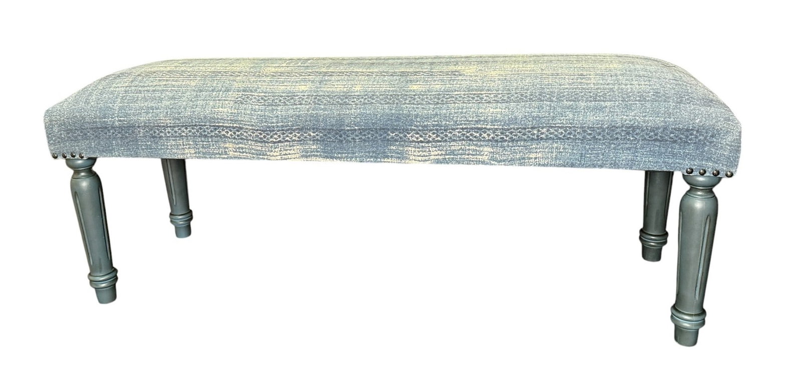 UPHOLSTERED BENCH REEDED & RAISED ON TURNED LEGS (1 of 3)
