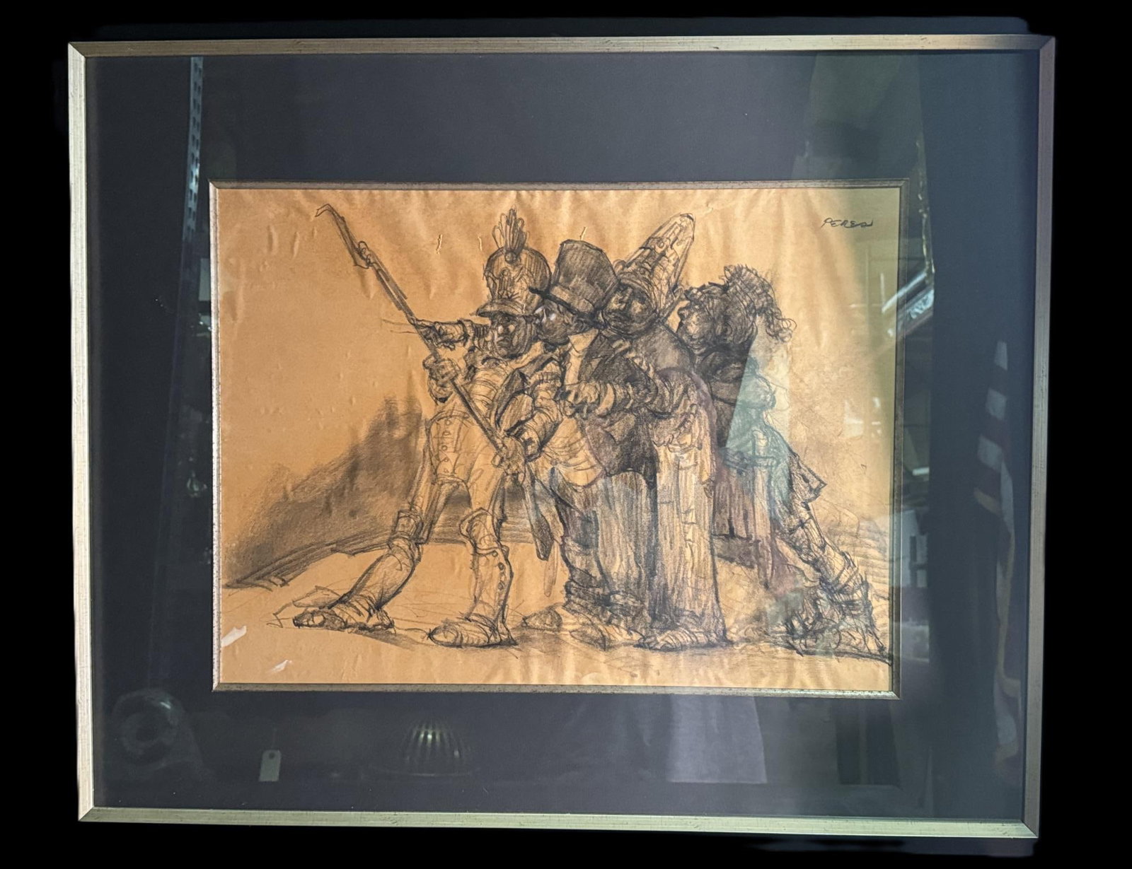 FRAMED & MATTED MILITARY DRAWING BY PERES: FRAMED & MATTED MILITARY DRAWING BY PERES. Height: 28.5 & 17 in. by Width: 34 & 22.5 in. by Depth: 1 7/8 in.