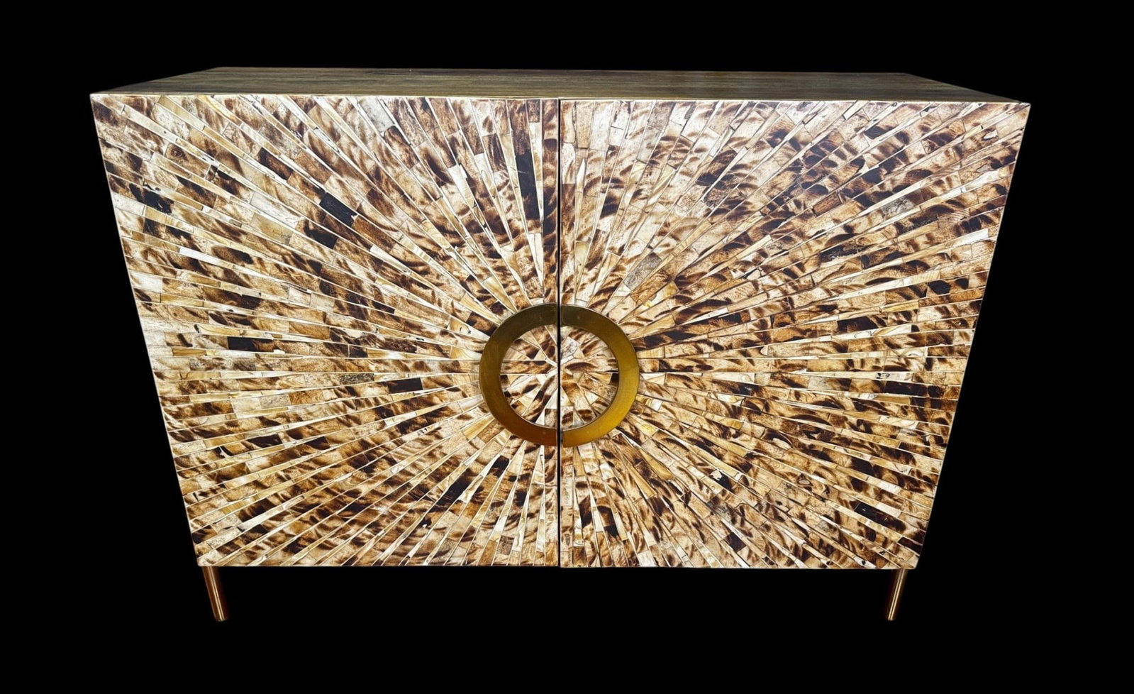MODERN CONSOLE WITH HORN INLAYED DOORS: MODERN CONSOLE WITH HORN INLAYED DOORS IN A STARBURST PATTERN WITH BRASS HARDWARE. Height: 33.5 in. by Width: 44 in. by Depth: 16 IN.