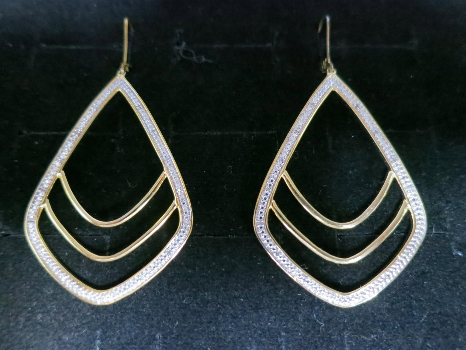 PAIR OF MICRO PAVE WHITE TOPAZ GOLD WASH EARRINGS: PAIR OF MICRO PAVE WHITE TOPAZ GOLD WASH STERLING EARRINGS. Height: 2 in. by Width: 1 1/4 in. by Depth: 1/16 in.