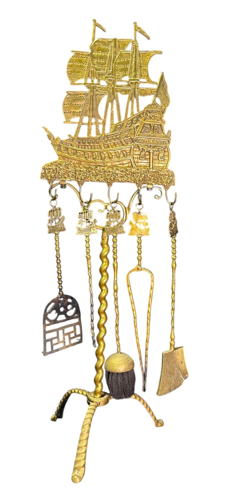 ANTIQUE BRASS FIRE TOOL SET WITH BRASS GALLION (1 of 3)