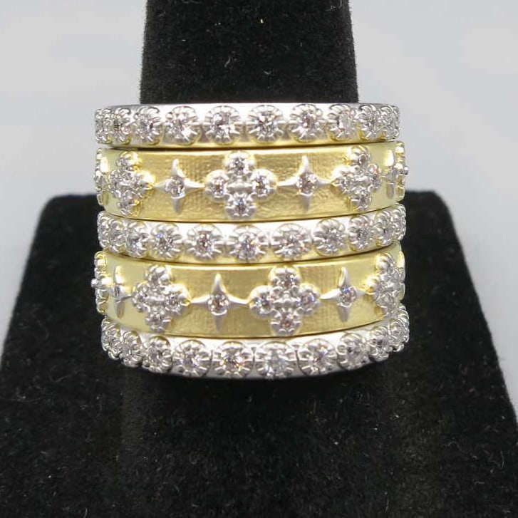 FIVE BAND STERLING & GOLD WASH PAVE CZ RING: FIVE BAND STERLING & GOLD WASH PAVE CZ RING. SIZE 8.