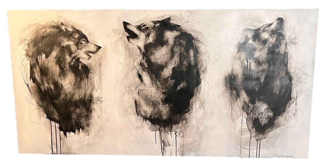 B/W WOLVES ACRYLIC ON WOOD SIGNED BY GARDNER: BLACK AND WHITE WOLVES ACRYLIC ON WOOD SIGNED BY K. GARDNER. Height: 42.5 in. by Width: 82.5 in. by Depth: 3 in.