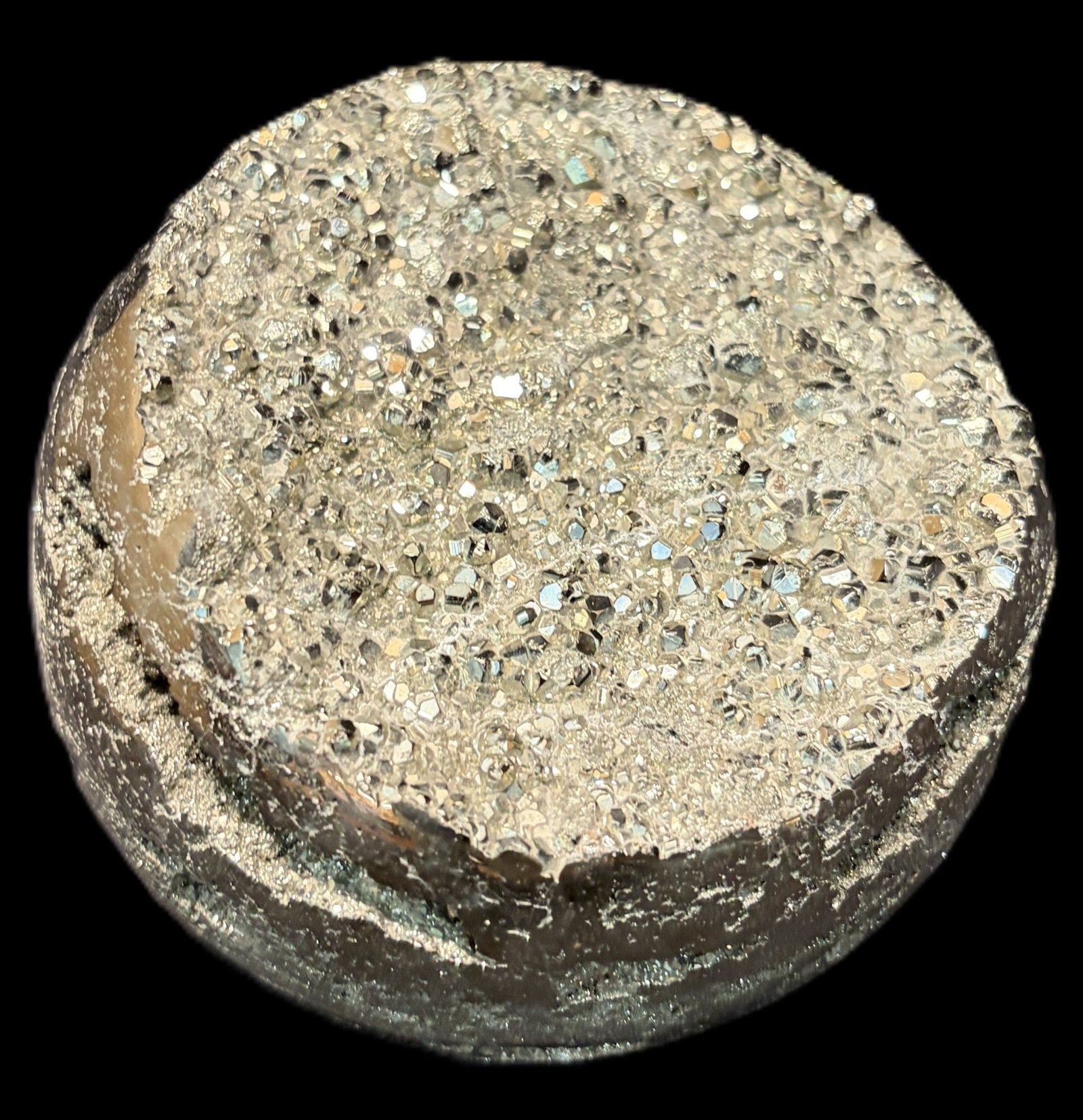 PYRITE SPHERE: PYRITE SPHERE 3.4kg Height: 4.5 in. by Width: 5.5 in. by Depth: 5.5 in.