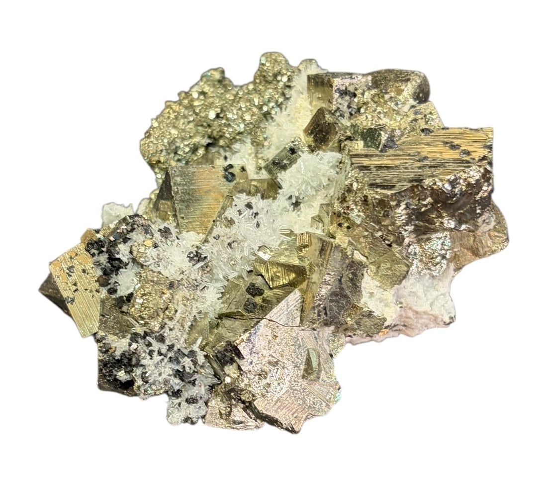 LARGE SQUARE PYRITE WITH QUARTZ: LARGE SQUARE PYRITE WITH QUARTZ 1.4lbs Height: 3 in. by Width: 4 in. by Depth: 4 in.
