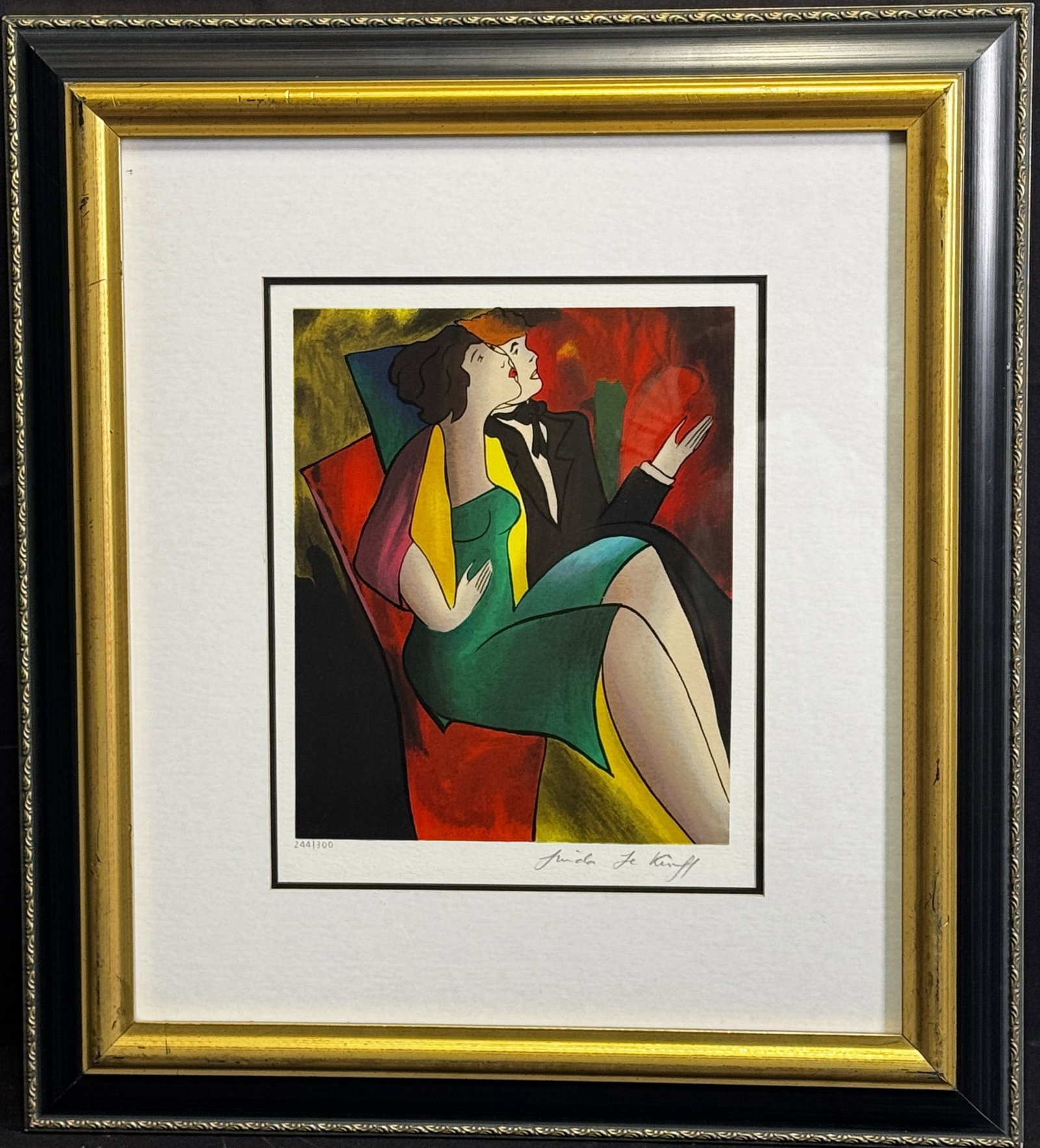 LINDA LE KINFF "SANDRA ET JULES" SERIGRAPH: LINDA LE KINFF "SANDRA ET JULES" SERIGRAPH IN COLOR ON WOVE PAPER, EDITION #244/300, 2000. SIGNED IN PENCIL, LOWER RIGHT. Height: 23 & 11 in. by Width: 20 & 8.5 in.