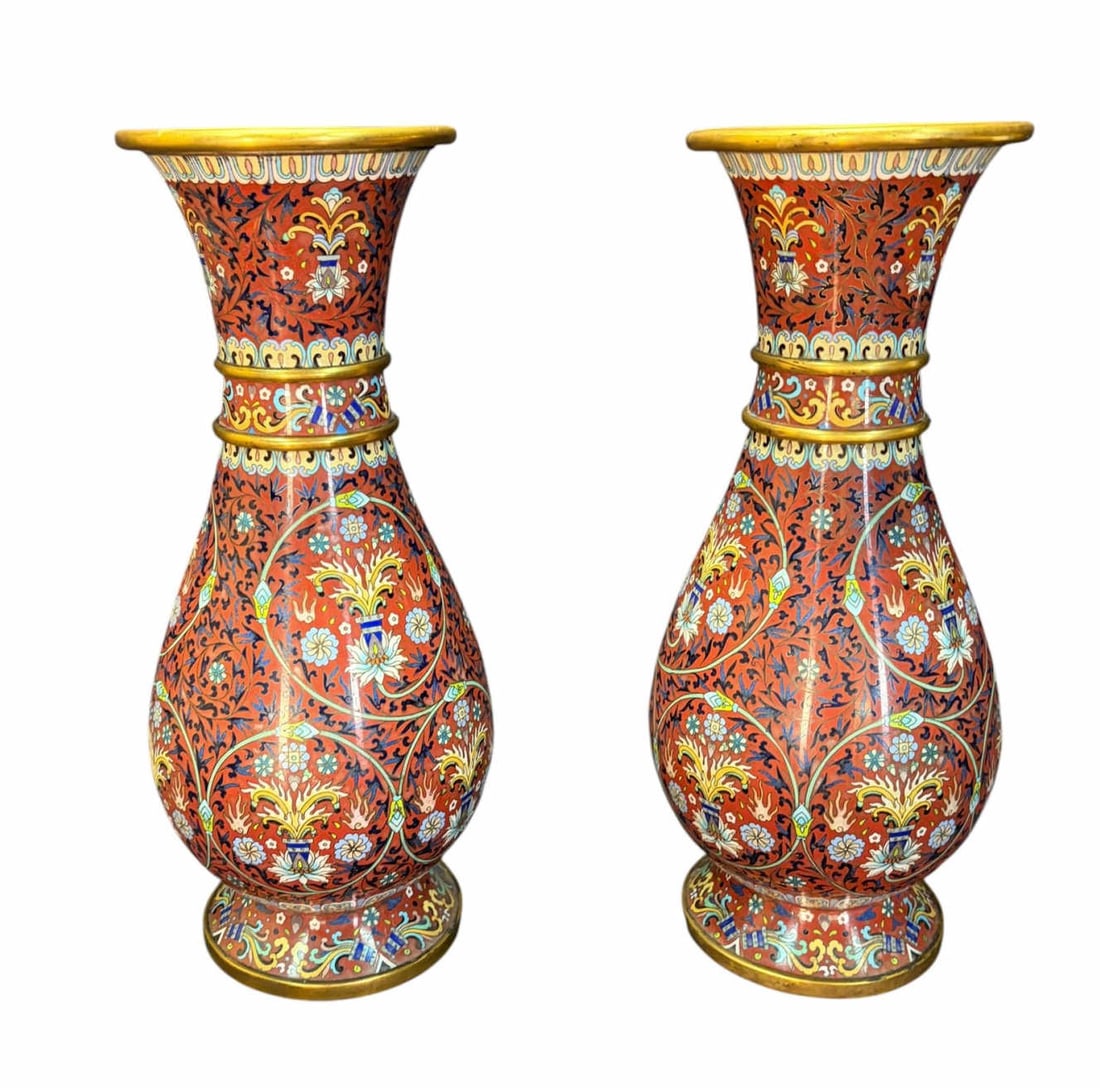 PAIR OF VINTAGE GILT AND CLOISONNE ENAMEL VASES: PAIR OF VINTAGE GILT AND CLOISONNE ENAMEL VASES. Height: 15.5 in. by Width: 7 in. by Depth: 7 in.