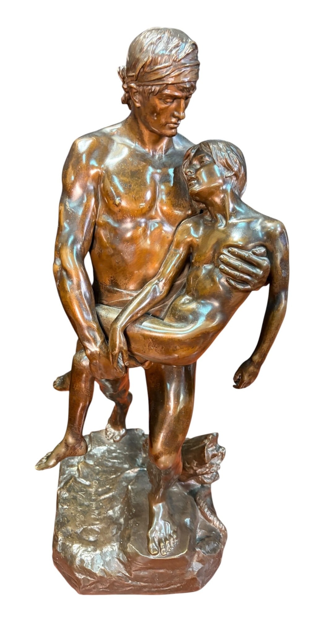 JEAN OSSAYE MOMBUR SAILOR WITH DROWNING MAN BRONZE: JEAN OSSAYE MOMBUR SAILOR WITH DROWNING MAN BRONZE SCULPTURE. Height: 35 in. by Width: 13 in. by Depth: 15 in.