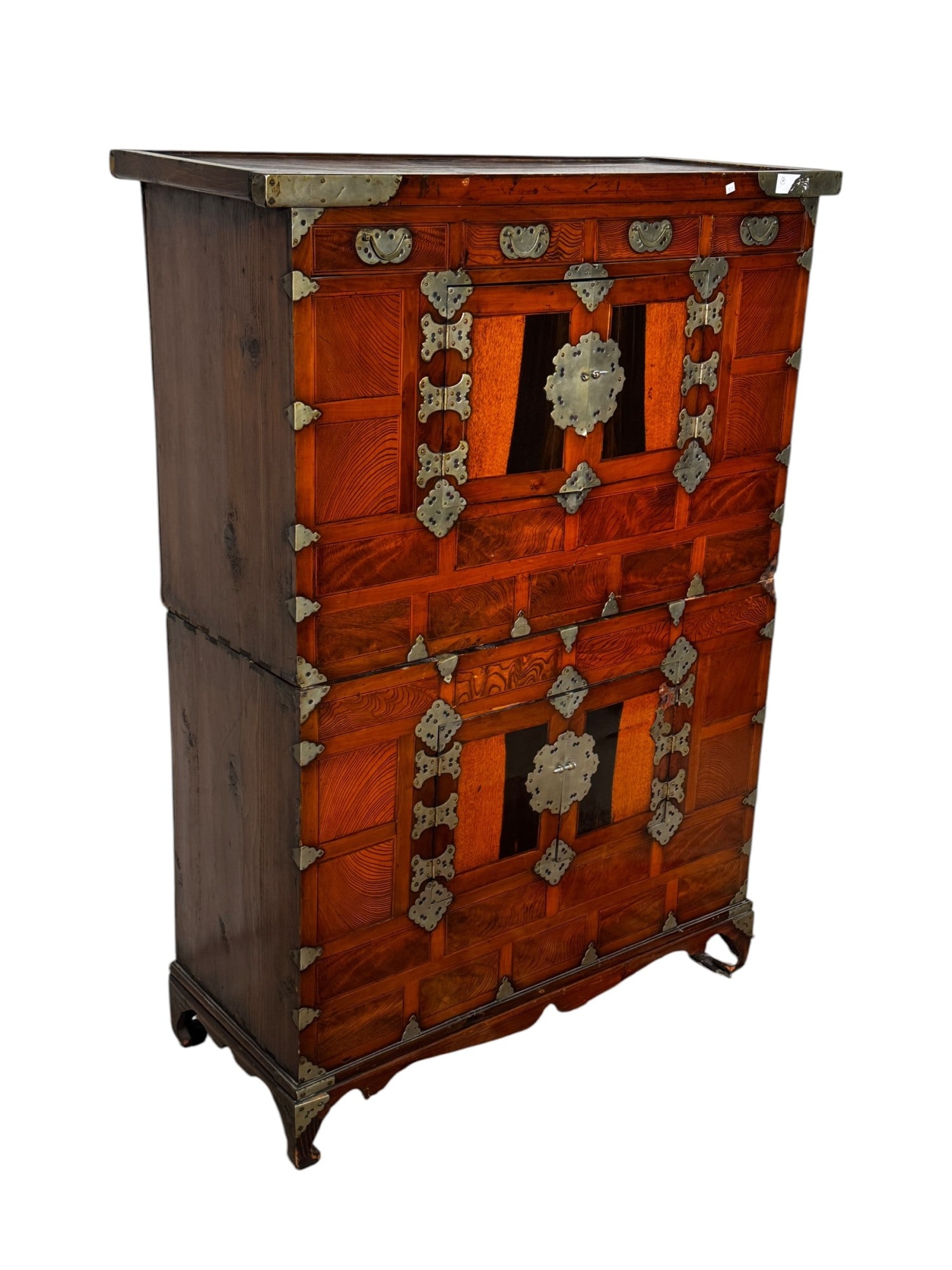 ANTIQUE KOREAN CHEST: ANTIQUE KOREAN CHEST 2 PARTS WITH SILVER HARDWARE DECORATION.52 in. high by 37.5 in. wide. by 15.5 in. deep.