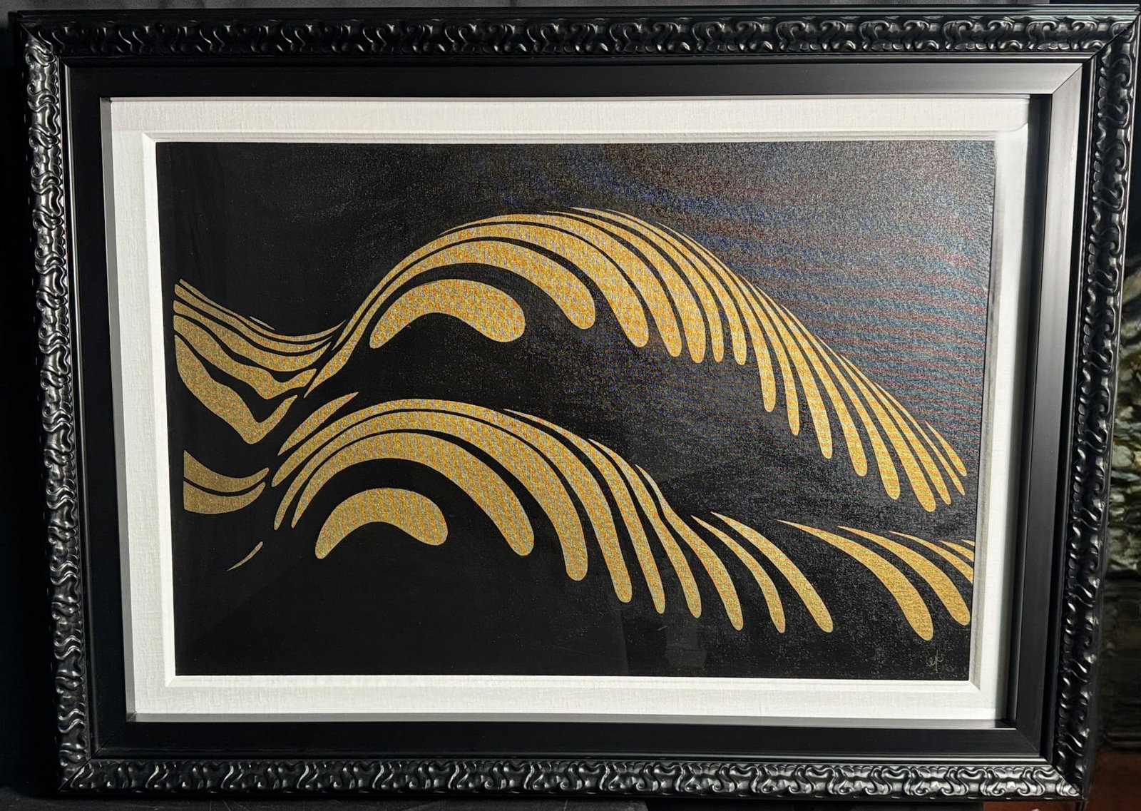 ALEXA JACOBS-PERCE "TIGER STRIPES": ALEXA JACOBS-PERCE "TIGER STRIPES" PAINTING ON ARCHIVAL BOARD. NICE SHADOW BOX FRAMING. Height: 34 in. by Width: 46 in. by Depth: 3 in.