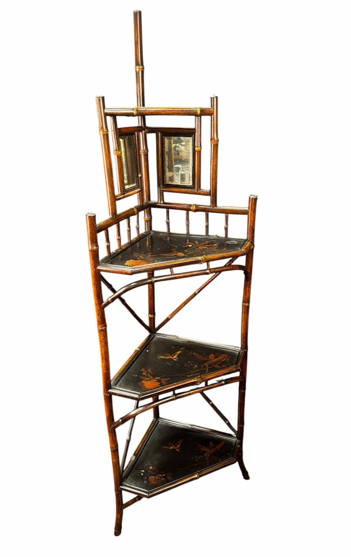 ANTIQUE BAMBOO CORNER SHELF WITH BLACK LAQUER (1 of 4)