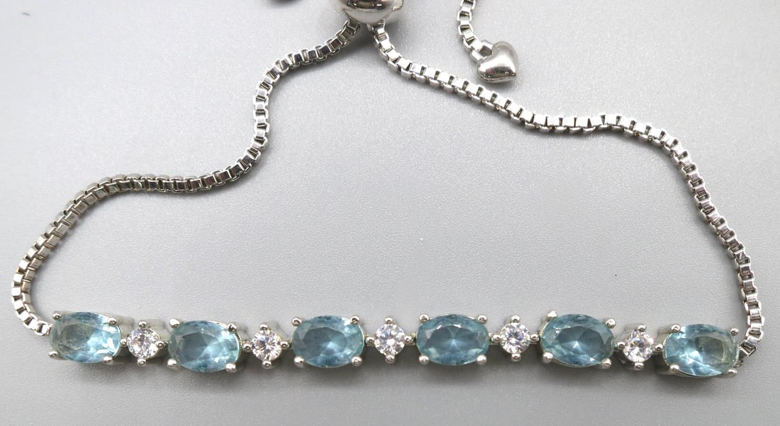 CZ AQUAMARINE & DIAMOND STERLING SILVER BRACELET (1 of 4)