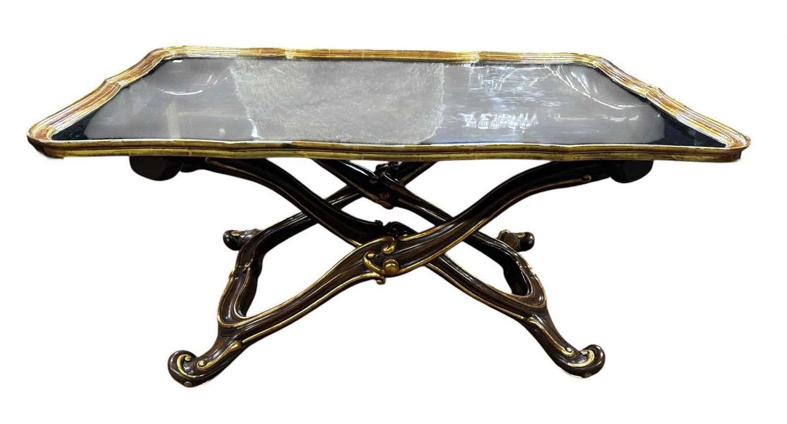 BLACK LAQUER AND GILT COFFEE TABLE ON X BASE (1 of 5)