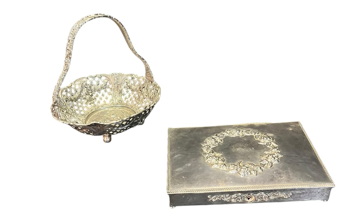 SILVER PLATE BOX AND BASKET: SILVER PLATE BOX AND BASKET Height: 1 in. by Width: 8.8 in. by Depth: 6 in.