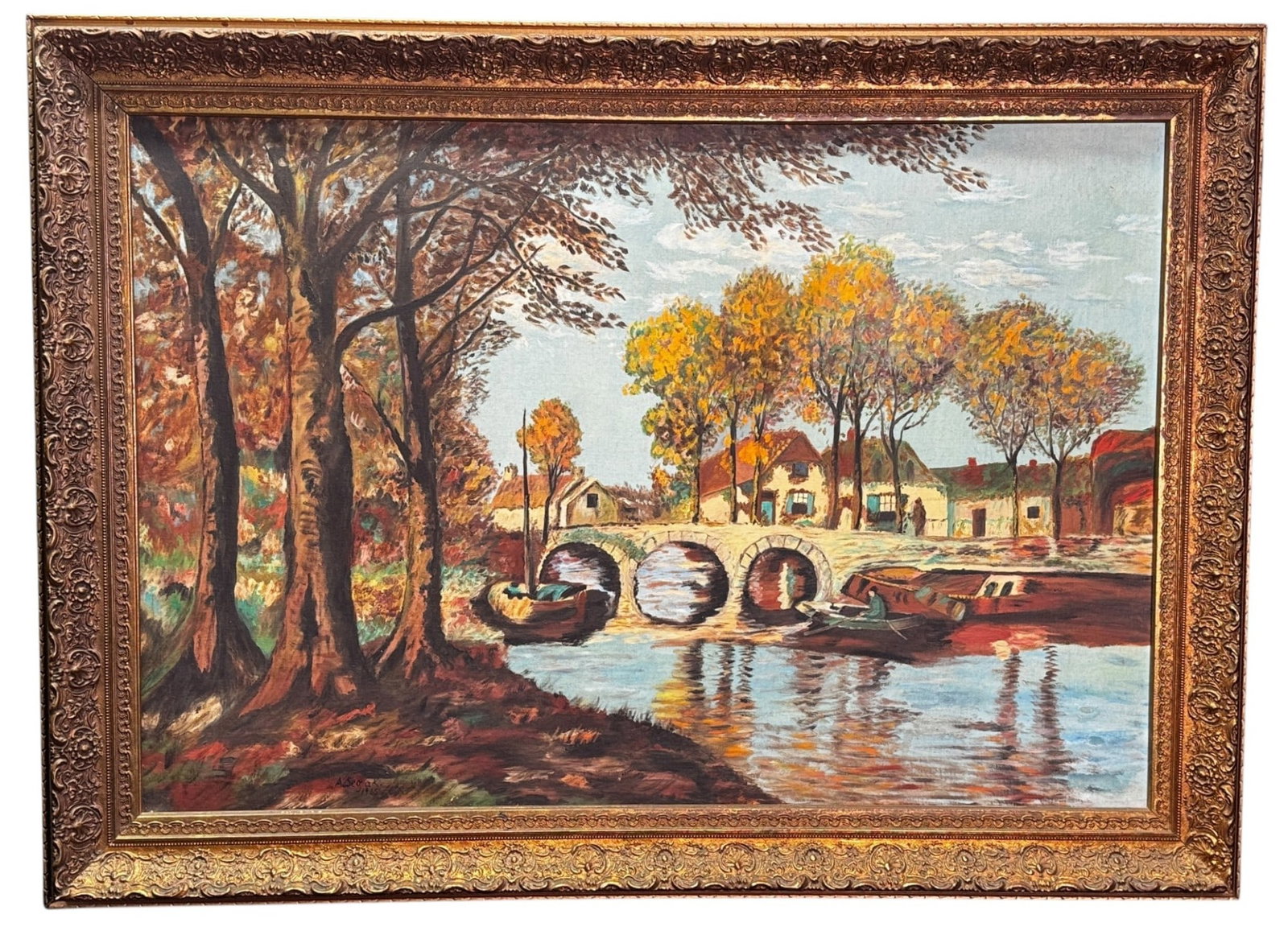 A. SEGAL 1915 LANDSCAPE: A. SEGAL 1915 LANDSCAPE DEPICTING A RIVER WITH A NICE HOUSE IN THE BACKGROUND. Height: 35 in. by Width: 48 IN.