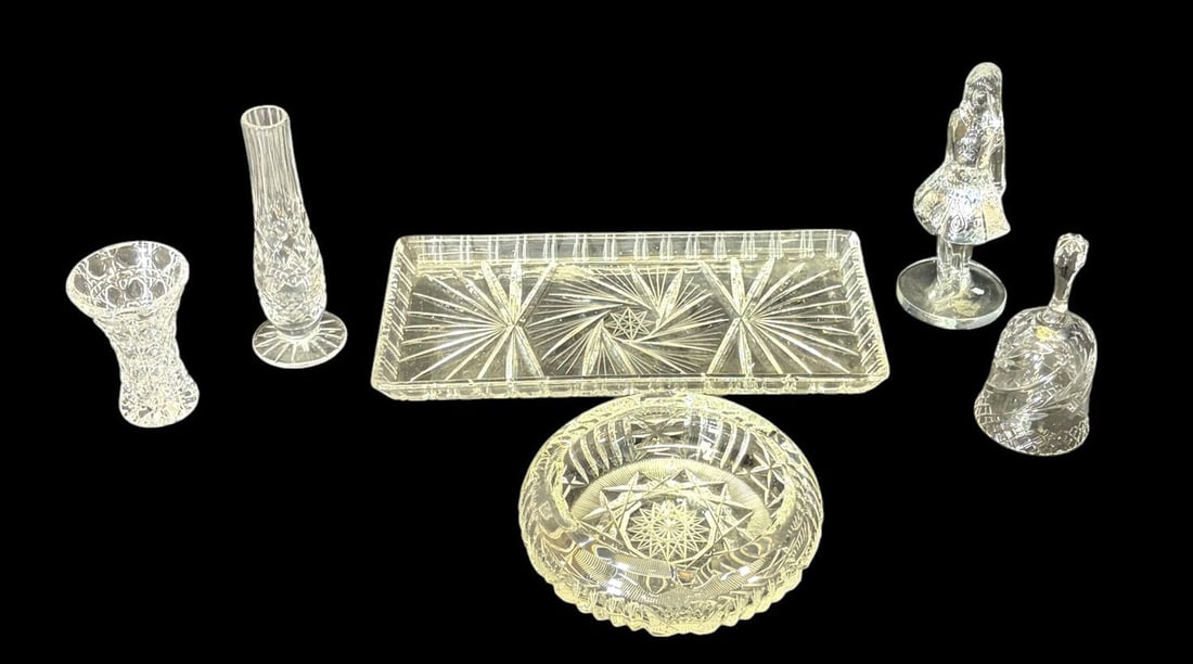 CRYSTAL TRAY, 2 VASES, BOWL, BELL, LADY FIGURINE (1 of 4)