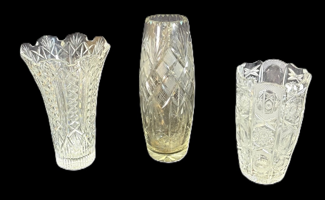 THREE VINTAGE CRYSTAL CUT LARGE VASES (1 of 5)
