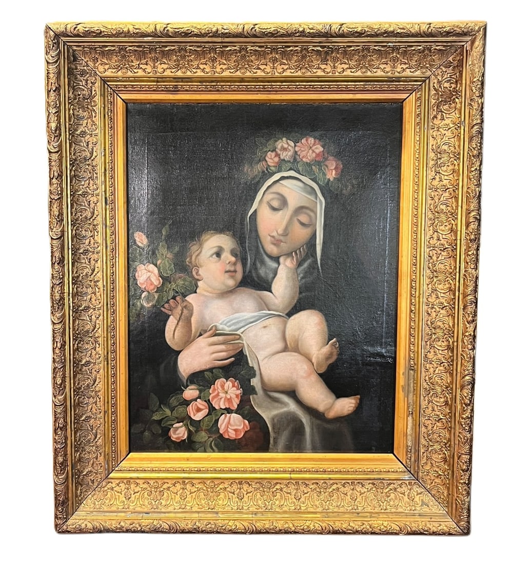 CIRCA 1800 ITALIAN MADONNA & CHILD OIL ON CANVAS: CIRCA 1800 ITALIAN MADONNA & CHILD OIL ON CANVAS. Height: 36 in. by Width: 29.5 in.