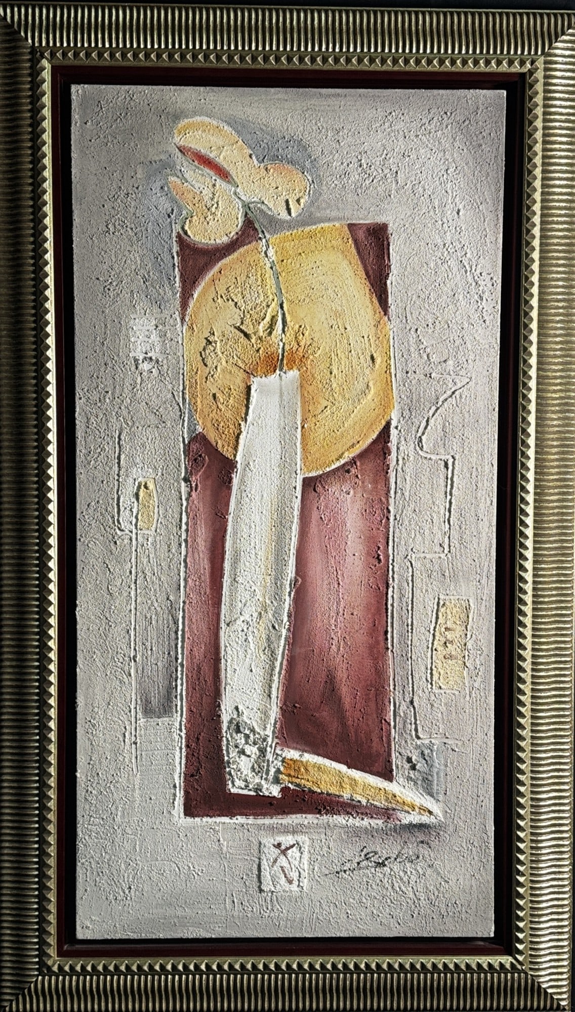 ALFRED GOCKEL "ANTHURIUM IN VASE" MIXED ON CANVAS: ALFRED GOCKEL "ANTHURIUM IN VASE" MIXED MEDIA ON CANVAS, 1990. SIGNED IN PIGMENT, LOWER RIGHT. Height: 47 & 39 3/8 in. by Width: 27 & 19 5/8 in.