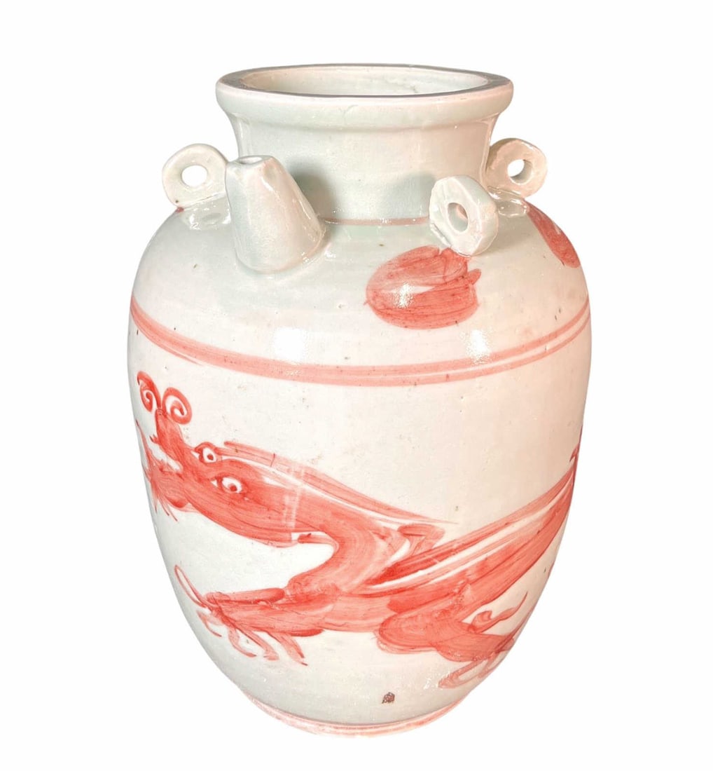 CORAL RED DRAGON FOUR EAR PORCELAIN POT (1 of 3)